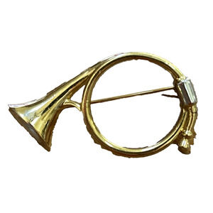 Vintage Crown Trifari Gold- & Silver-Tone French Horn Brooch Novelty Pin Signed